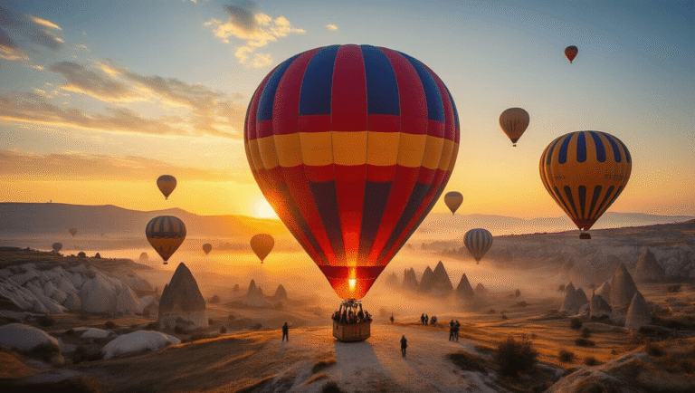 The Magic of Hot Air Balloons: Soaring Through Science and Adventure A wide-angle photograph of vibrant hot air balloons launching at sunrise in Cappadocia, with golden hour light illuminating fairy chimneys and rock formations, featuring a large mid-inflation balloon in rich jewel tones, a wicker basket with excited passengers, and crew members tending to a propane burner against a pastel sky.