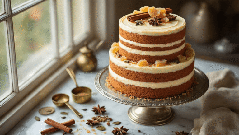 Chai Spice Birthday Cake: A Warm, Aromatic Celebration Delight A three-tiered chai spice cake on a silver stand, adorned with whole spices and crystallized ginger, set against a warm, sunlit backdrop with vintage measuring spoons and a cup of chai.