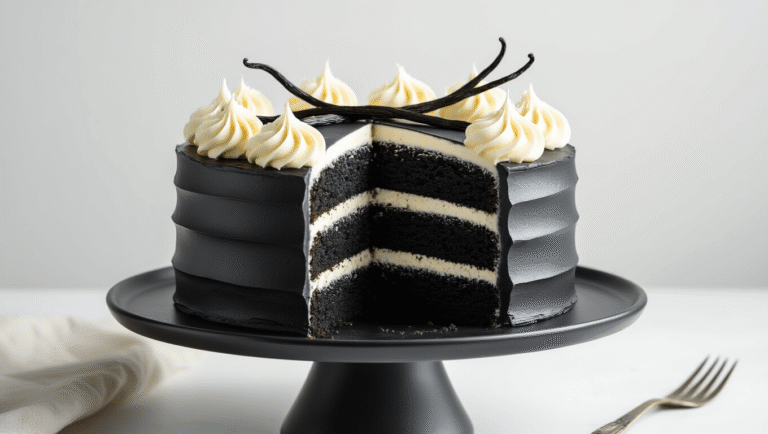 Charcoal Vanilla Birthday Cake: A Stunning & Unexpected Celebration Showstopper A dramatic charcoal black layer cake with swirled white vanilla cream frosting, adorned with silver leaf accents and fresh vanilla beans, presented on a matte black cake stand against a minimalist white background, captured in ultra high resolution with soft, cinematic lighting.