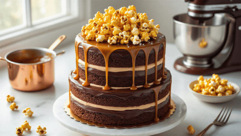 Popcorn Caramel Birthday Cake: A Showstopping Celebration Dessert A three-layer chocolate cake on a marble surface, adorned with golden caramel popcorn and drizzled caramel, against a backdrop of professional baking equipment in soft natural light.