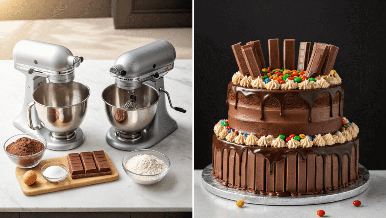 Candy Bar Birthday Cake: The Ultimate Celebration Dessert Cinematic split image featuring a baking scene on the left with a KitchenAid mixer and ingredients, and a completed three-tier chocolate cake on the right, decorated with Kit Kat bars and Reese's cups against a dark background.