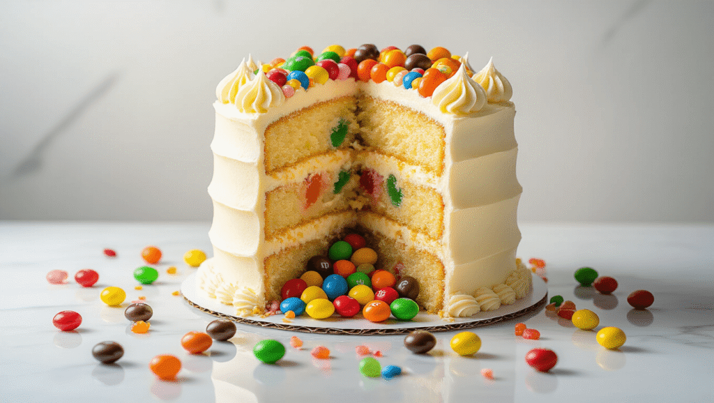Candy Explosion Piñata Birthday Cake: The Ultimate Surprise Dessert Cinematic close-up of a four-layer vanilla cake with smooth buttercream frosting, cut to reveal a hidden cavity overflowing with colorful mini candies, set on a white marble surface with soft natural lighting and a warm kitchen atmosphere.