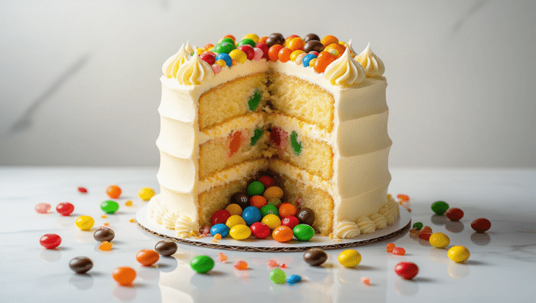 Candy Explosion Piñata Birthday Cake: The Ultimate Surprise Dessert Cinematic close-up of a four-layer vanilla cake with smooth buttercream frosting, cut to reveal a hidden cavity overflowing with colorful mini candies, set on a white marble surface with soft natural lighting and a warm kitchen atmosphere.