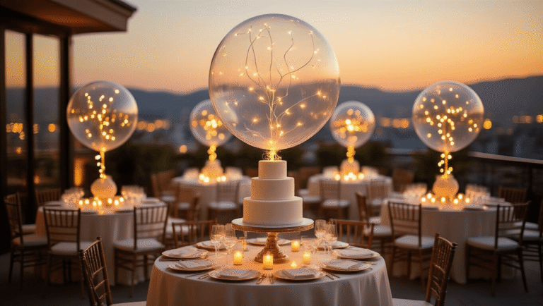 Clear Balloons: The Ultimate Guide to Magical Event Styling and Photography A luxurious rooftop terrace at golden hour adorned with clear balloons illuminated by LED lights, ivory silk table linens, and a three-tiered white cake on an ornate dessert cart, with city lights creating a soft bokeh in the background.