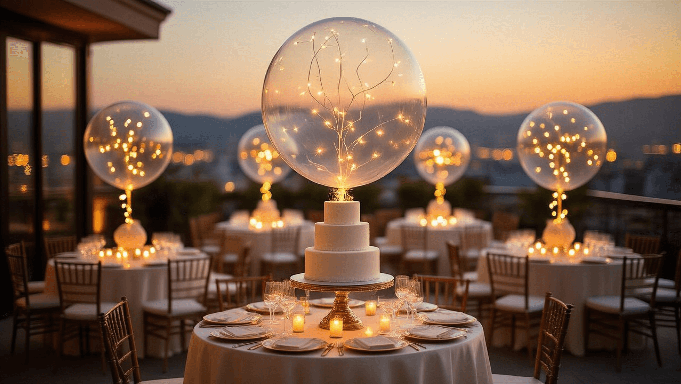 A luxurious rooftop terrace at golden hour adorned with clear balloons illuminated by LED lights, ivory silk table linens, and a three-tiered white cake on an ornate dessert cart, with city lights creating a soft bokeh in the background.
