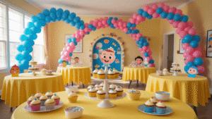Cocomelon Birthday Party: The Ultimate Guide to Throwing a Magical Celebration for Little Ones Cocomelon-themed birthday party setup in a vibrant living room, featuring yellow tablecloths, vanilla cupcakes with character toppers, colorful balloon arches, and a whimsical photo booth, bathed in warm morning light.