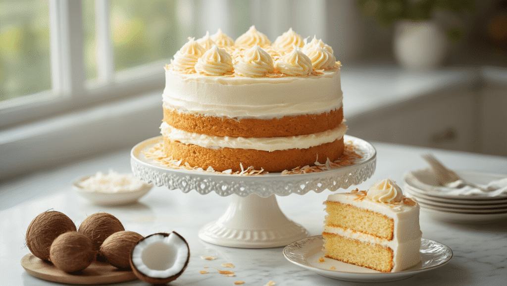 Coconut Cream Birthday Cake: A Tropical Celebration Delight A three-layer coconut cream cake on an ornate white ceramic stand, showcasing pristine cream cheese frosting and toasted coconut flakes, with a slice removed revealing moist layers; surrounded by baking ingredients like eggs, butter, sugar, flour, and cream of coconut, all bathed in soft, natural light.