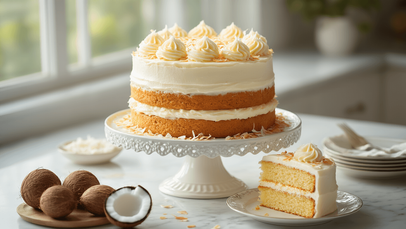 A three-layer coconut cream cake on an ornate white ceramic stand, showcasing pristine cream cheese frosting and toasted coconut flakes, with a slice removed revealing moist layers; surrounded by baking ingredients like eggs, butter, sugar, flour, and cream of coconut, all bathed in soft, natural light.