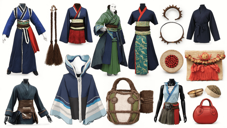 DTI Cosplay Ideas That'll Make Your Halloween Outfits Actually Good Cosplay character outfits with accessories displayed on a clean background.