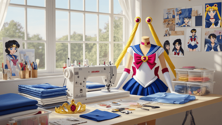 The Perfect Guide to Cosplay Fashion: Creating Show-Stopping Character Looks A bright craft room with large windows, featuring a professional sewing machine, organized blue and white fabric swatches, a partially completed Sailor Moon costume, a golden tiara, and transformation brooch. Mood boards and character reference photos adorn the walls, while clear containers hold neatly arranged crafting supplies and tools in a warm, inspiring atmosphere.