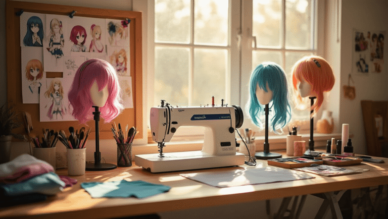 The Ultimate Guide to Creating Amazing Cosplay Outfits: From Concept to Convention A bright and inviting cosplay workspace with a sewing machine, colorful wigs, and neatly arranged makeup tools on a wooden craft table, illuminated by natural sunlight.