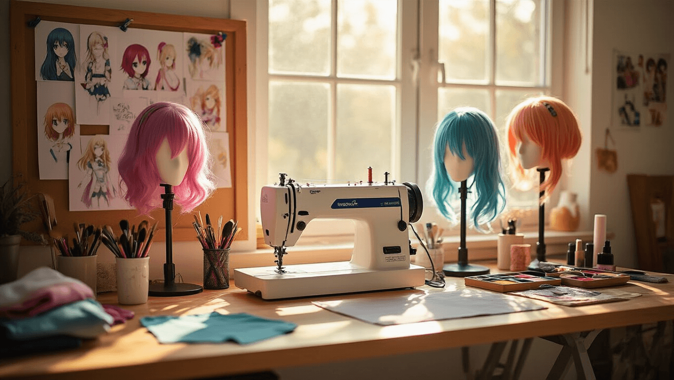 A bright and inviting cosplay workspace with a sewing machine, colorful wigs, and neatly arranged makeup tools on a wooden craft table, illuminated by natural sunlight.