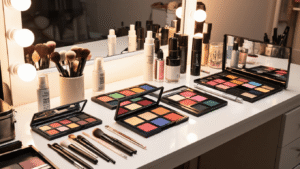 The Ultimate Guide to Cosplay Makeup: Transform Into Your Favorite Character Professional makeup studio with high-end cosplay products, brushes, and palettes on a white vanity, illuminated by warm lighting and reflected in a mirror.