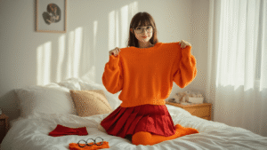 Easy DIY Cosplay Ideas: Transform Into Your Favorite Characters Without Breaking the Bank A young woman holds an orange sweater and red pleated skirt in a sunlit bedroom with white walls, surrounded by cosplay accessories on the bed, with warm light filtering through sheer curtains.