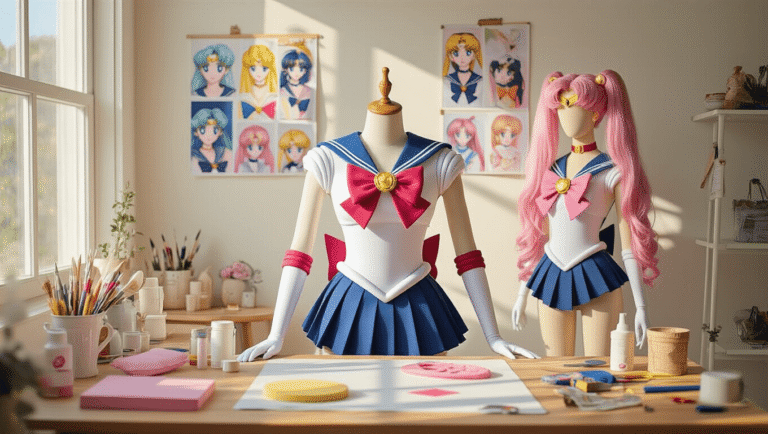The Ultimate Guide to Anime Cosplay: From Beginner to Pro A bright and organized cosplay workspace featuring a crafting table with EVA foam, colorful paint supplies, and a half-finished Sailor Moon prop; a dress form displays a partially completed sailor uniform, surrounded by anime reference images on a mood board, with pastel-colored wigs on wig heads and neatly arranged sewing supplies.