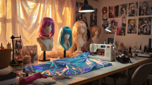 Ultimate Women's Cosplay: From Casual to Epic Character Transformations A bright and organized cosplay studio workspace with wigs on mannequins, sewing equipment, and colorful fabric on a cutting table, illuminated by warm light. Character reference photos adorn the walls, and a high-end camera sits nearby amidst various costume pieces.