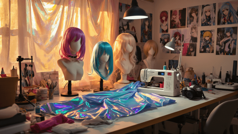 Ultimate Women's Cosplay: From Casual to Epic Character Transformations A bright and organized cosplay studio workspace with wigs on mannequins, sewing equipment, and colorful fabric on a cutting table, illuminated by warm light. Character reference photos adorn the walls, and a high-end camera sits nearby amidst various costume pieces.