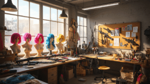 TRENDING COSPLAY IDEAS FOR 2025: YOUR ULTIMATE TO AMAZING CHARACTER TRANSFORMATIONS A bright cosplay workshop filled with colorful wigs on mannequin heads, prop weapons, EVA foam, sewing materials, and detailed costumes, illuminated by natural light and featuring an inspiration board with sketches in a vintage-industrial style.