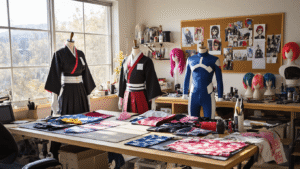 Ultimate Guide to Anime Cosplay: From Beginner to Convention-Ready A bright cosplay workshop showcasing anime costumes, including a Demon Slayer uniform and My Hero Academia suit on dress forms, with a cluttered workbench of fabrics and sewing tools, and a styling station featuring colorful wigs and pinned reference photos.