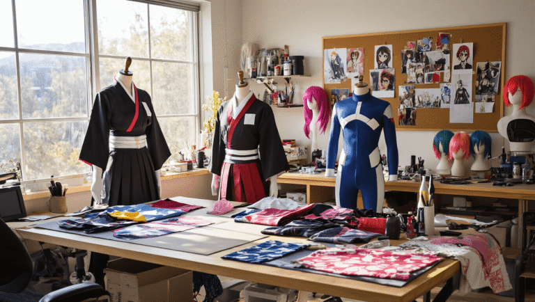 Ultimate Guide to Anime Cosplay: From Beginner to Convention-Ready A bright cosplay workshop showcasing anime costumes, including a Demon Slayer uniform and My Hero Academia suit on dress forms, with a cluttered workbench of fabrics and sewing tools, and a styling station featuring colorful wigs and pinned reference photos.