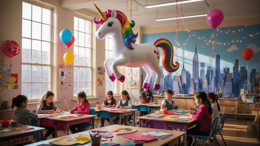 Balloons Over Broadway: A Magical Classroom Parade Project A whimsical elementary school classroom transformed into a parade workshop, with students creating colorful parade balloons, including a large floating unicorn with an iridescent mane, set against a hand-painted NYC skyline mural and illuminated by soft morning light.
