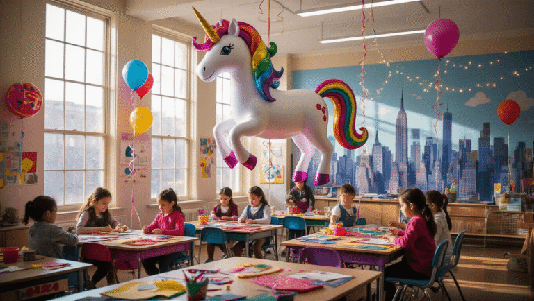 Balloons Over Broadway: A Magical Classroom Parade Project A whimsical elementary school classroom transformed into a parade workshop, with students creating colorful parade balloons, including a large floating unicorn with an iridescent mane, set against a hand-painted NYC skyline mural and illuminated by soft morning light.