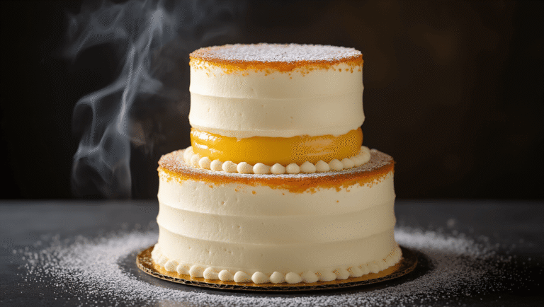 Crème Brûlée Birthday Cake: A Showstopping Dessert Masterpiece Cinematic close-up of an elegant three-tiered white cake with crackled caramelized sugar, showcasing vanilla custard layers, under soft lighting in a professional kitchen setting.