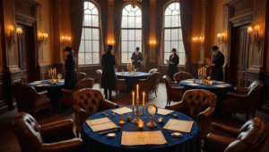Escape Room Birthday Party: The Ultimate Guide to an Unforgettable Celebration A beautifully decorated detective-themed birthday party in an elegant ballroom, featuring vintage props, warm lighting, and guests in period costumes engaged in puzzle-solving activities.
