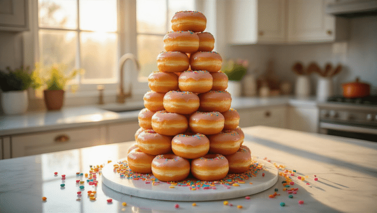 Doughnut-Topped Birthday Cake: The Ultimate Showstopper Dessert A cinematic overhead shot of an elaborate doughnut tower birthday cake on a white marble countertop, showcasing glazed mini doughnuts with colorful sprinkles, warm golden hour lighting, and a softly blurred kitchen background.