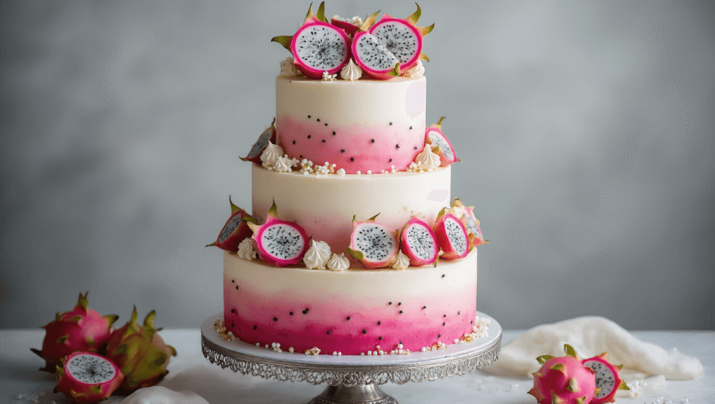 Dragonfruit Vanilla Wedding Cake: A Tropical Masterpiece for Your Special Day A three-tiered wedding cake featuring a blush-toned ombré effect, vibrant dragonfruit pink, adorned with fresh dragonfruit slices, delicate edible flowers, subtle gold leaf accents, and garnished with a fresh dragonfruit flower, displayed on an ornate silver pedestal against a misty gray background.