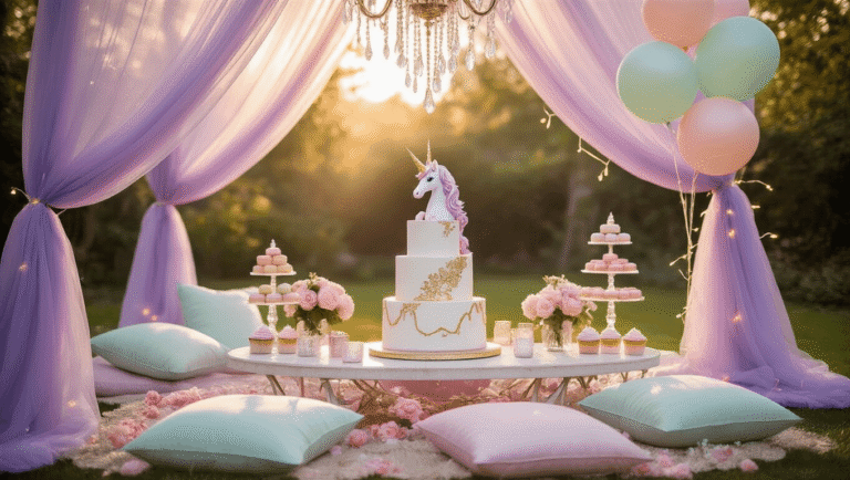 Magical Unicorn Birthday Party: The Ultimate Guide to Creating a Dreamy Celebration A dreamy backyard birthday party setup featuring a lavender tulle tent, luxurious low table with pearlescent cushions, and a 3-tiered cake topped with a unicorn, surrounded by pastel balloons and floral accents, all illuminated by soft golden hour lighting.