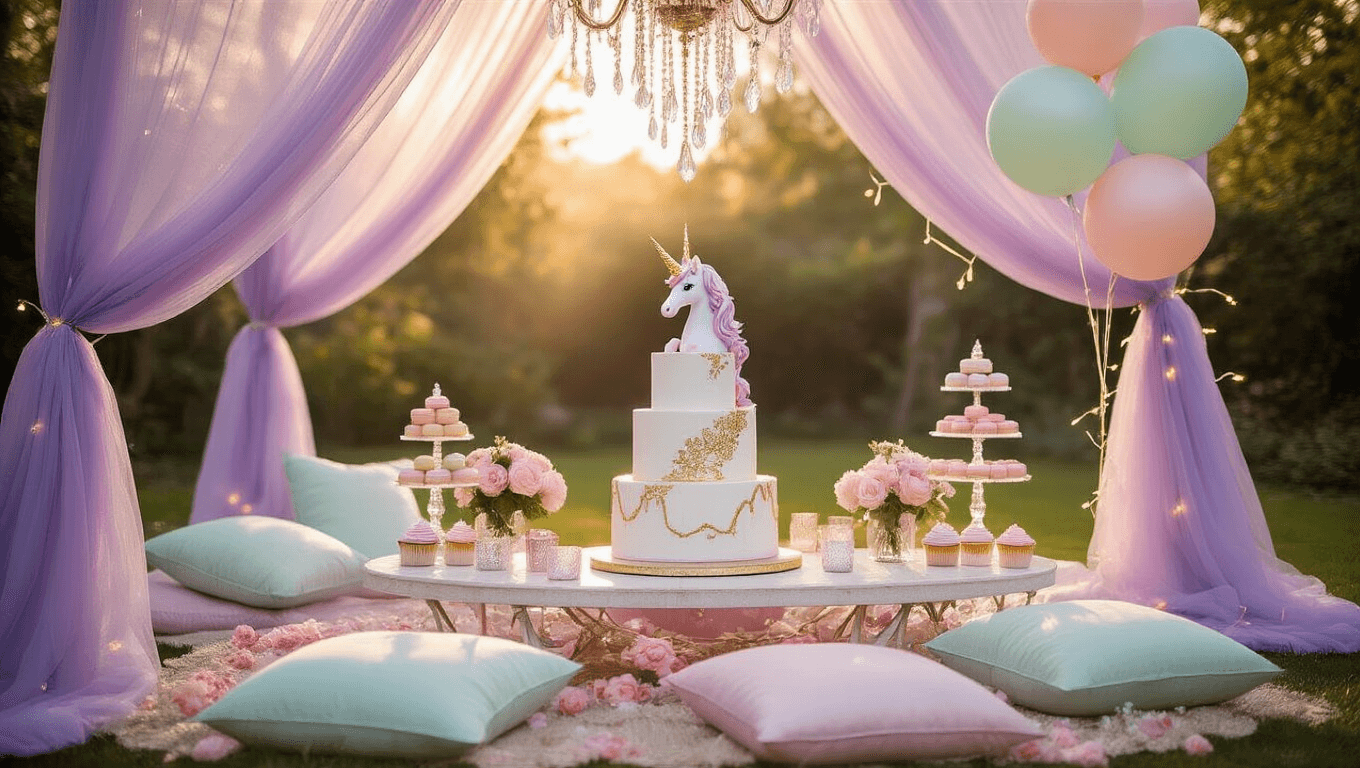 A dreamy backyard birthday party setup featuring a lavender tulle tent, luxurious low table with pearlescent cushions, and a 3-tiered cake topped with a unicorn, surrounded by pastel balloons and floral accents, all illuminated by soft golden hour lighting.
