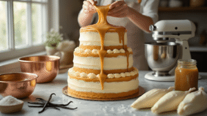 Dulce de Leche Birthday Cake Recipe Hyperrealistic image of a three-tiered vanilla birthday cake being assembled, with golden dulce de leche flowing between layers on a marble countertop. Surrounding elements include copper mixing bowls, a vintage stand mixer, scattered vanilla beans, and piping bags filled with ivory buttercream. The background features organized baking tools in a warm bokeh effect, with a focus on creamy whites and caramel golds.