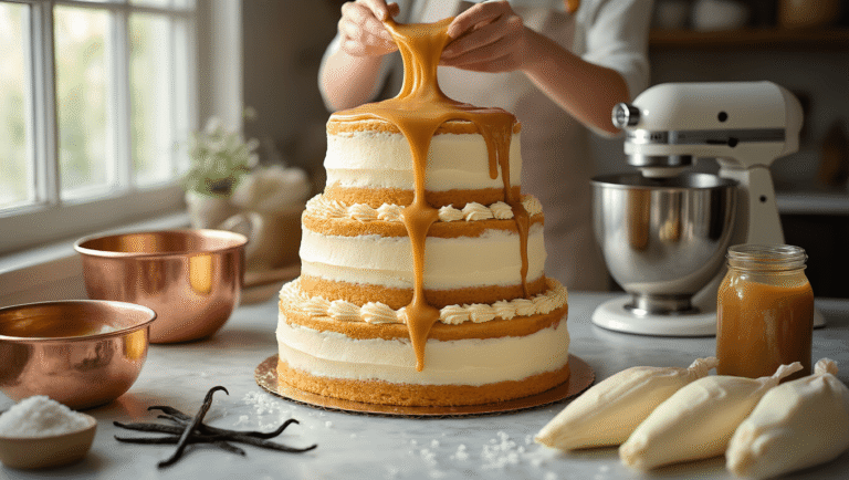 Dulce de Leche Birthday Cake Recipe Hyperrealistic image of a three-tiered vanilla birthday cake being assembled, with golden dulce de leche flowing between layers on a marble countertop. Surrounding elements include copper mixing bowls, a vintage stand mixer, scattered vanilla beans, and piping bags filled with ivory buttercream. The background features organized baking tools in a warm bokeh effect, with a focus on creamy whites and caramel golds.