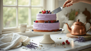 Earl Grey Tea Birthday Cake A three-tiered Earl Grey cake with lavender buttercream frosting sits on an antique cake stand, surrounded by Earl Grey tea leaves, fresh bergamot zest, dried lavender, and berries, all in a softly lit rustic kitchen.