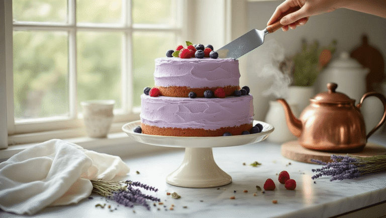 Earl Grey Tea Birthday Cake A three-tiered Earl Grey cake with lavender buttercream frosting sits on an antique cake stand, surrounded by Earl Grey tea leaves, fresh bergamot zest, dried lavender, and berries, all in a softly lit rustic kitchen.