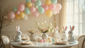 Easter Balloon Decor: The Ultimate Guide to Festive Spring Celebrations Elegant Easter dining room with pastel balloon garland, bunny-shaped balloons, egg-shaped latex balloons, spring florals, and warm golden hour lighting.