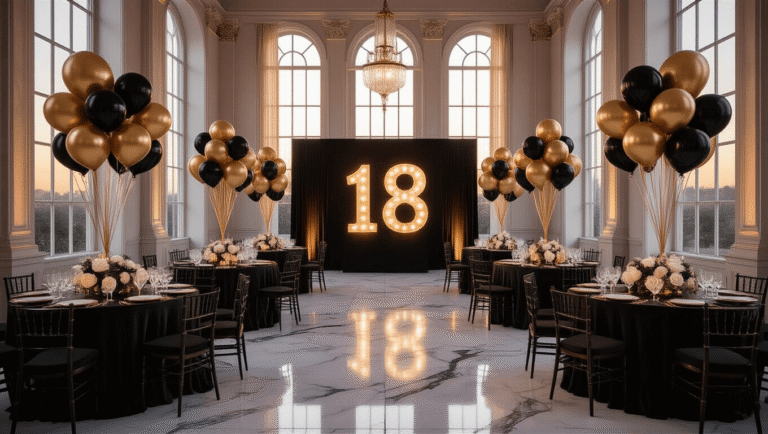 18th Birthday Bash: The Ultimate Guide to Throwing an Epic Celebration Elegant 18th birthday celebration in an opulent ballroom, featuring gold balloons, black silk linens, crystal glassware, and a custom illuminated '18' backdrop, all illuminated by warm golden hour light.