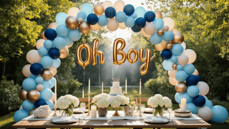 Baby Boy Balloons: The Ultimate Guide to Celebrating Your Little Prince A luxurious baby shower setup in a sunlit garden featuring a dramatic ombré balloon arch, elegant white floral centerpieces, a vintage dessert cart, and warm fairy lights.