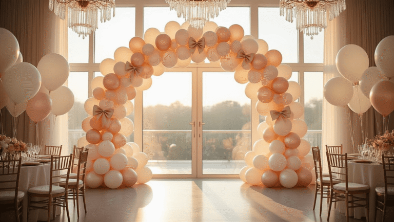 Balloons with Bows: The Ultimate Party Decor Trend That Will Transform Your Celebrations Elegant balloon arch installation in blush pink and pearl white, adorned with satin bows, photographed during golden hour with a dessert table and twinkling fairy lights in a dreamy event space.