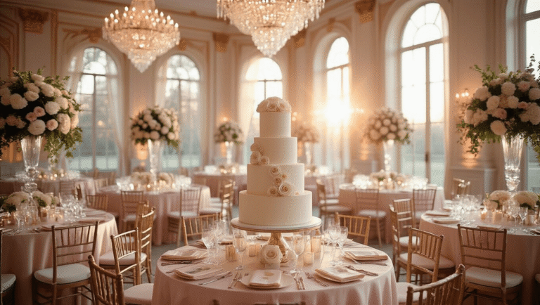 The Ultimate Guide to Unforgettable Birthday Party Venues: Finding Your Perfect Celebration Spot Opulent indoor ballroom birthday celebration with blush pink linens, crystal chandeliers, towering floral centerpieces, and a three-tiered vanilla cake, illuminated by golden hour sunlight.