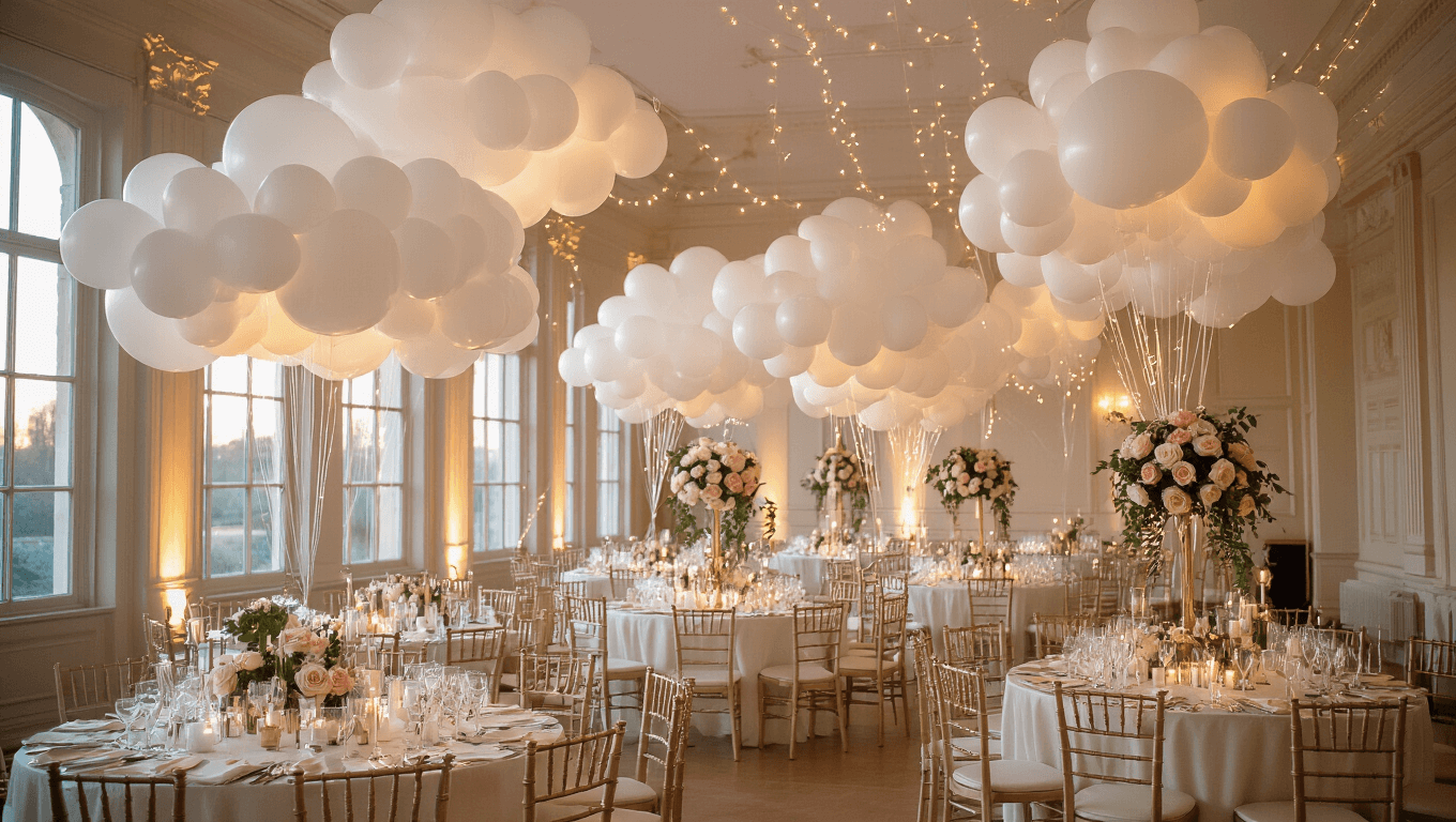 Cinematic wide-angle shot of an elegant ballroom during golden hour, featuring ethereal suspended cloud balloon clusters with white and clear latex balloons, soft polyfill stuffing, ivory silk linens, gold glassware, romantic candlelit centerpieces, and delicate fairy lights, all creating a whimsical and luxurious atmosphere.