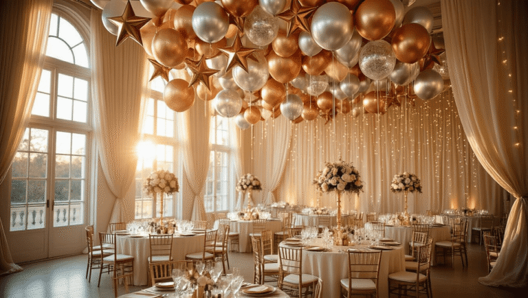 Star Balloons: The Ultimate Guide to Elevating Your Event Decor Elegant ballroom decorated with metallic star balloons in gold, silver, and rose gold, featuring luxurious ivory table linens and crystal centerpieces, illuminated by warm sunlight and candlelight, creating a festive atmosphere.