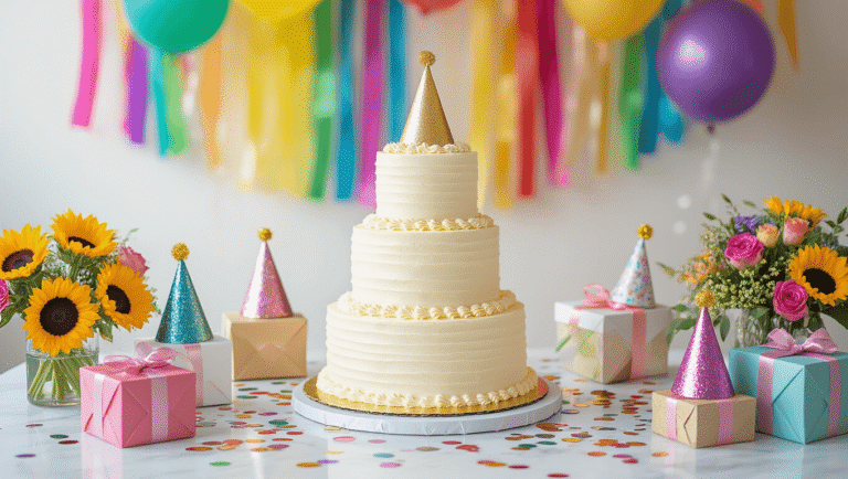 Ultimate Guide to Kids Birthday Party Venues in New Jersey: Your Perfect Celebration Destination Cinematic close-up of an elegant birthday party tablescape featuring a white marble surface with rainbow streamers, jewel-toned balloons, a three-tiered cake with gold leaf, metallic confetti, textured party hats, silk-wrapped gifts, and fresh sunflowers and roses, all under soft diffused lighting.