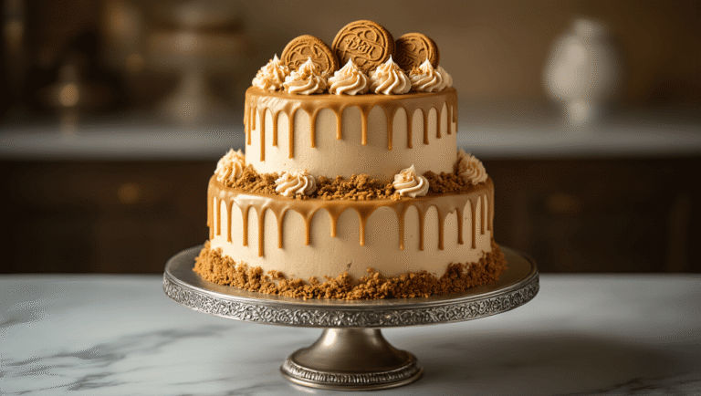 Biscoff Cookie Butter Birthday Cake Recipe Three-tiered Biscoff cookie butter cake with caramel drip and crushed cookies on an antique silver stand, soft warm lighting highlighting intricate details and a moody ambiance.