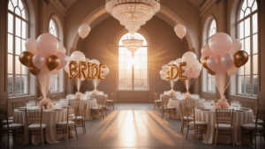 Bride Balloons: The Ultimate Wedding Decor Magic That'll Make Your Special Day Unforgettable Cinematic wide-angle shot of a luxurious wedding ballroom at golden hour, featuring elegant blush pink, ivory, and champagne balloon arrangements alongside metallic gold "BRIDE" balloons, with warm sunlight streaming through arched windows, highlighting the sophisticated decor and creating a dreamy atmosphere.