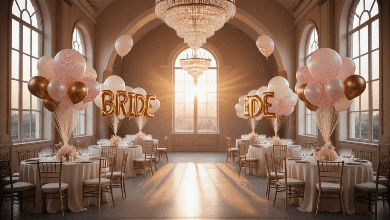 Bride Balloons: The Ultimate Wedding Decor Magic That'll Make Your Special Day Unforgettable Cinematic wide-angle shot of a luxurious wedding ballroom at golden hour, featuring elegant blush pink, ivory, and champagne balloon arrangements alongside metallic gold "BRIDE" balloons, with warm sunlight streaming through arched windows, highlighting the sophisticated decor and creating a dreamy atmosphere.