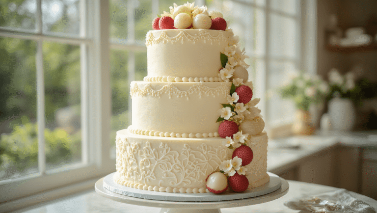 Coconut Lychee Wedding Cake Recipe Photorealistic three-tiered wedding cake adorned with coconut buttercream, fresh lychees, and sugar flowers, displayed on a silver pedestal in a sunlit bakery, with artfully arranged ingredients in the foreground and soft bokeh background.