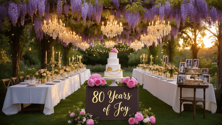 80th Birthday Party Ideas: Creating an Unforgettable Celebration of Life A luxurious garden party at sunset, featuring long tables with white linens and pink peony centerpieces, crystal chandeliers, and a vintage dessert station with a three-tiered cake. An elegant wooden welcome sign reads "80 Years of Joy" surrounded by roses, as multi-generational guests mingle on a manicured lawn with champagne flutes and vintage china settings, all bathed in warm tones and atmospheric haze.