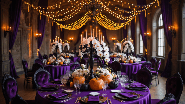 Spooky Sweet: Crafting the Ultimate Halloween Birthday Party Elegant Halloween birthday party setup in a ballroom with deep purple silk tablecloths, black candelabras, white orchids, amber string lights, gothic-inspired place settings, and rich velvet chairs, illuminated by warm golden hour light.